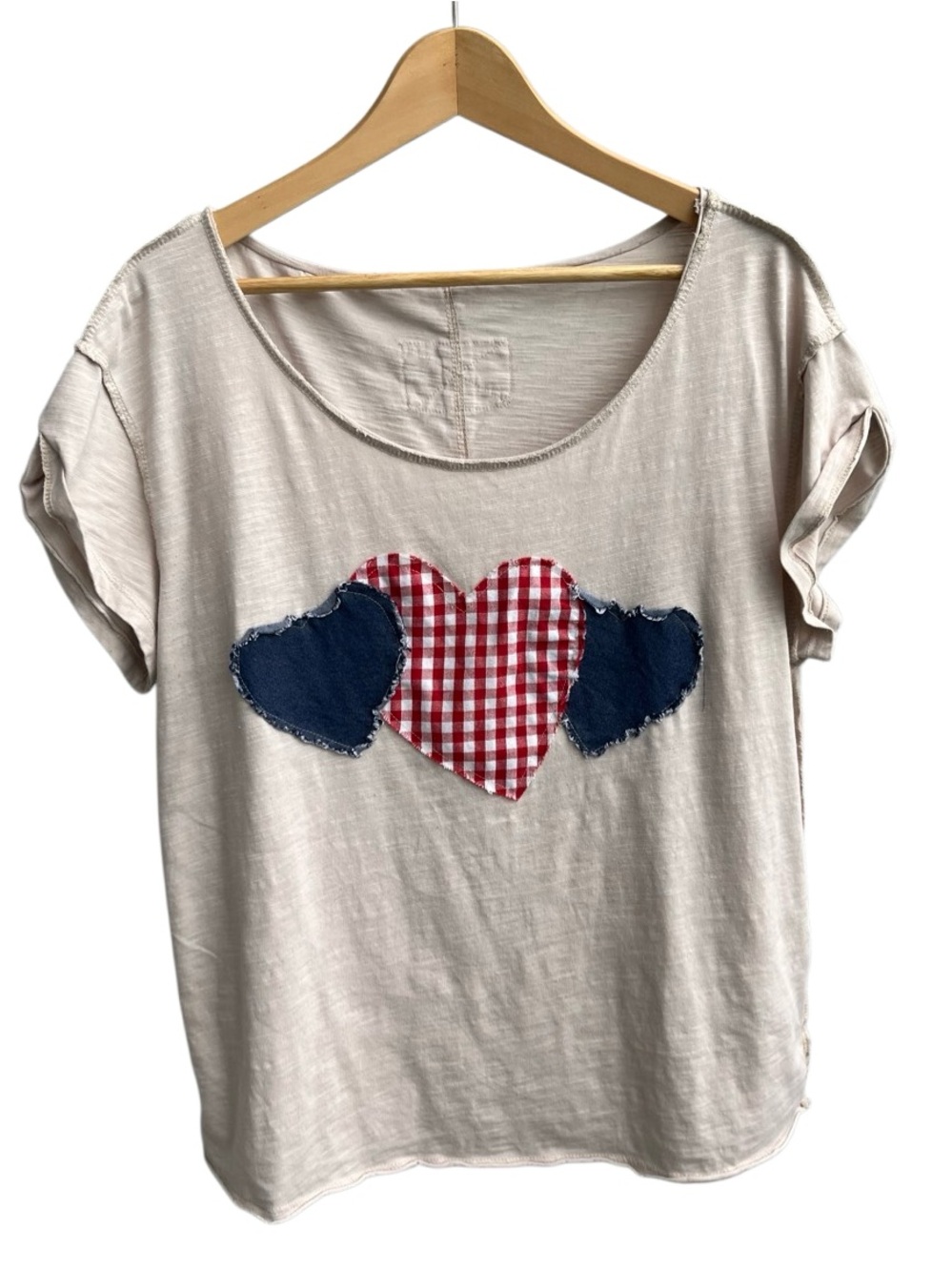 🌴 Beige Heart Patch Slub Tee Juniors Medium Boho Casual SHEIN Oversized